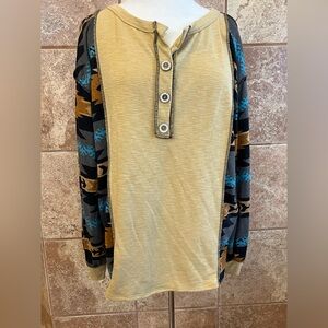BiBi Long Sleeve Knit Henley Top with Aztec Print Size XL